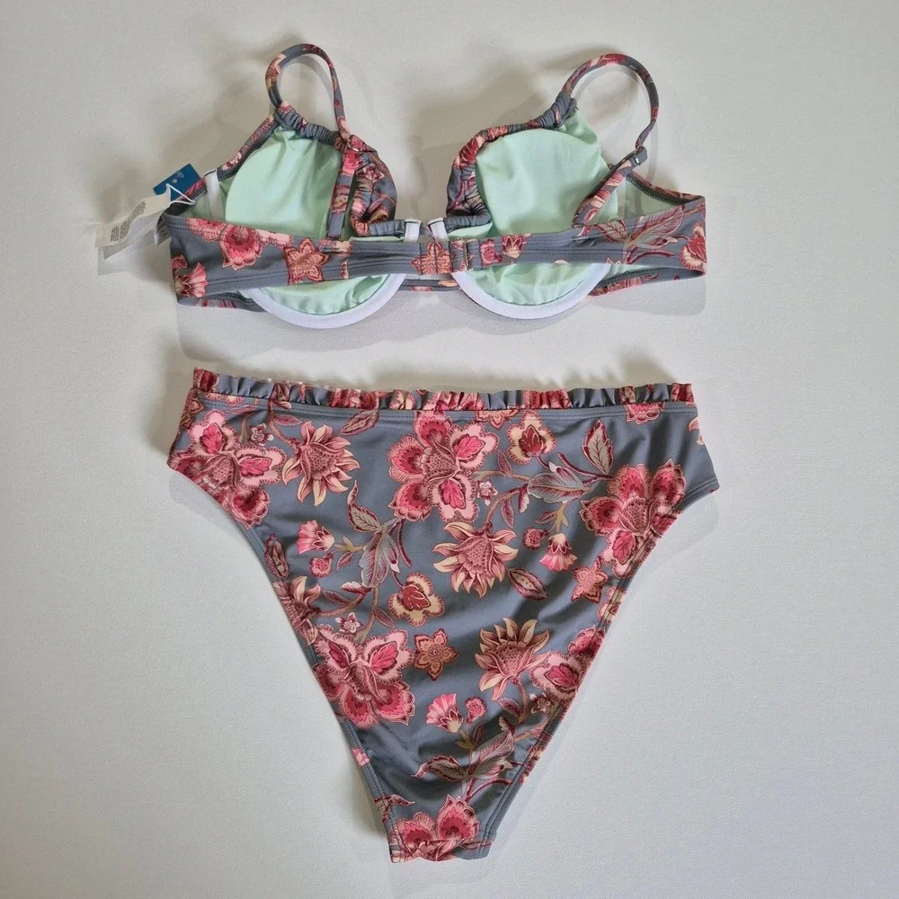 Cupshe Womens Floral Underwire Bikini Set High Waisted Ruffle Grey Pink New‎